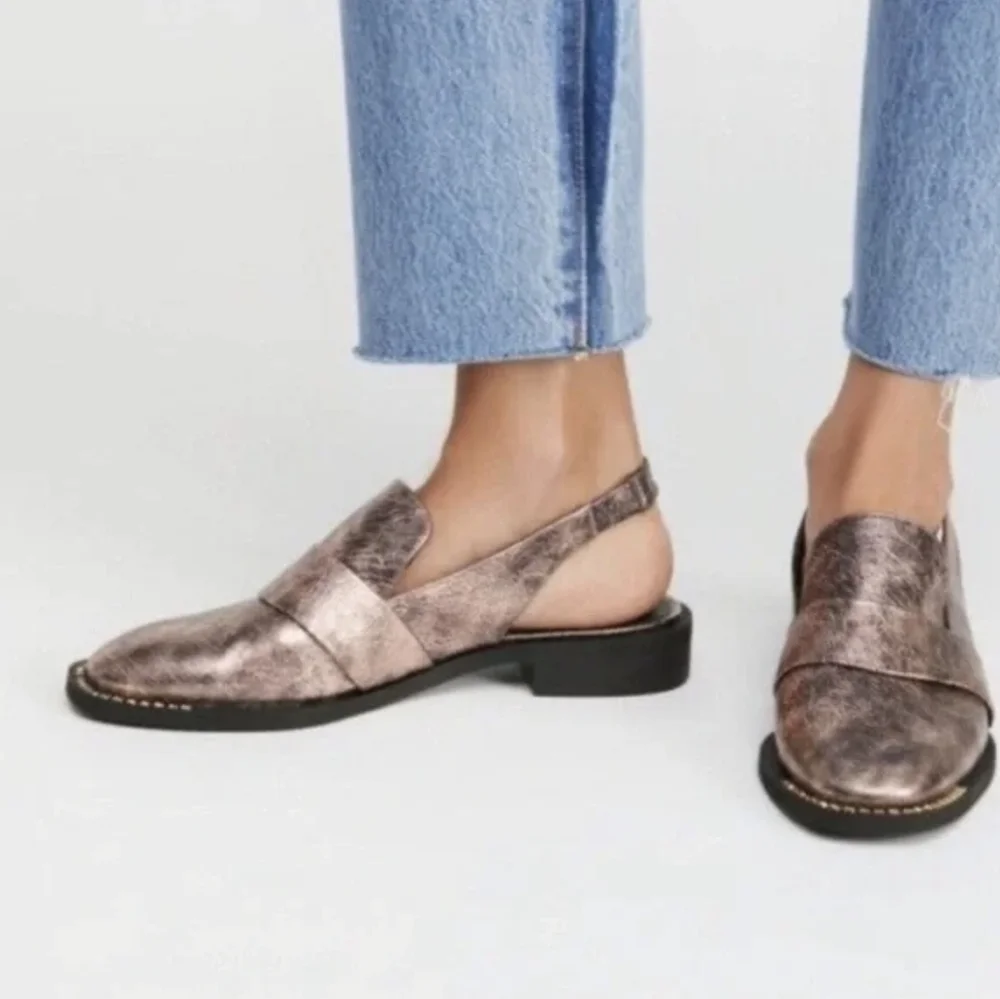 NWOT Free People Abbey Road Metallic Slingback Loafers-Rose Gold